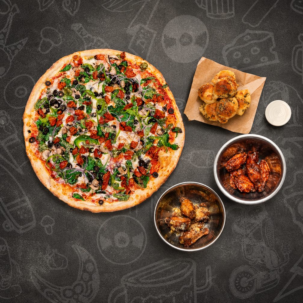 Family Pack #1, 1 Pie, 8 Wings OR A Salad + 6 Knots.
