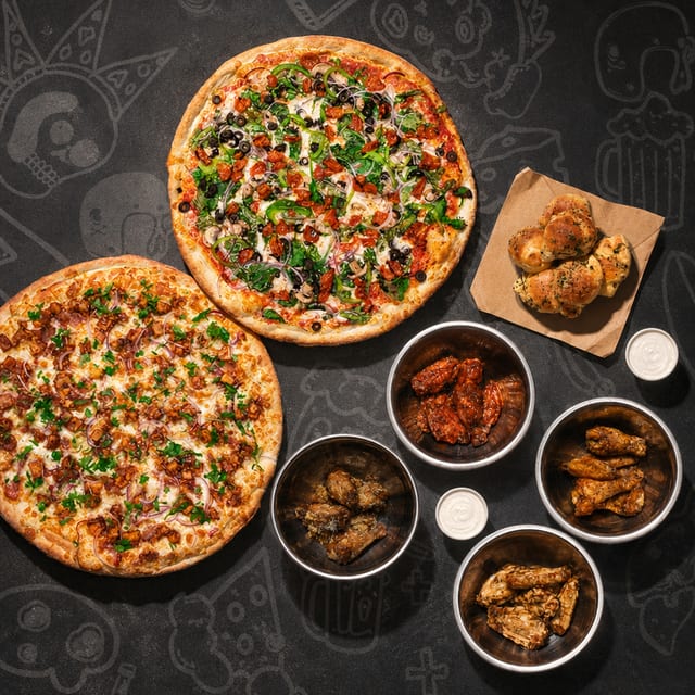 Family Pack #2, 2 Pies, 16 Wings, 6 Knots.